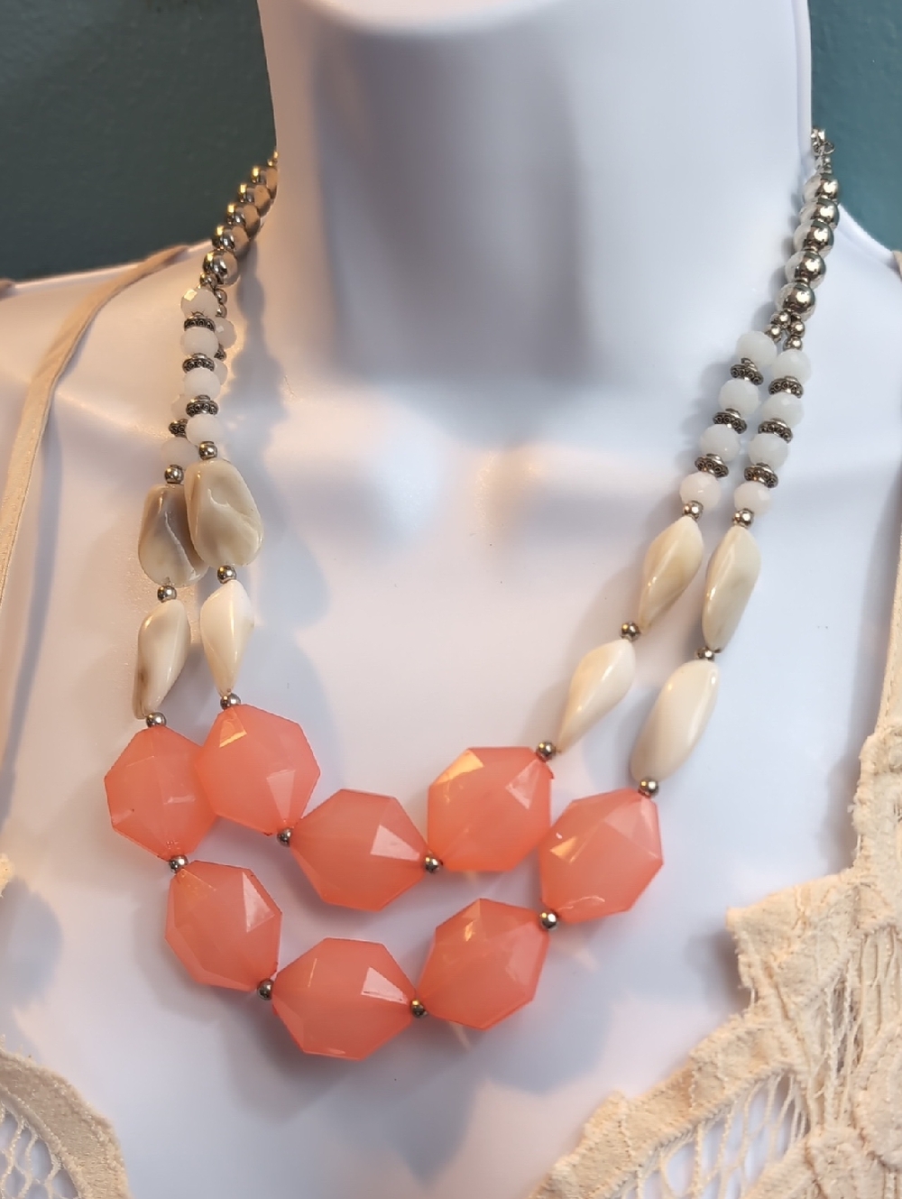Coral Peach Faceted Bead Double-Strand Necklace -